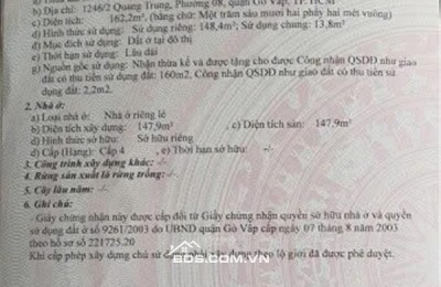 Nhà 1/ cách MT Quang Trung chỉ 10m, diện tích lớn,tiện xây căn hộ dịch vụ hoặc tách 3 lô